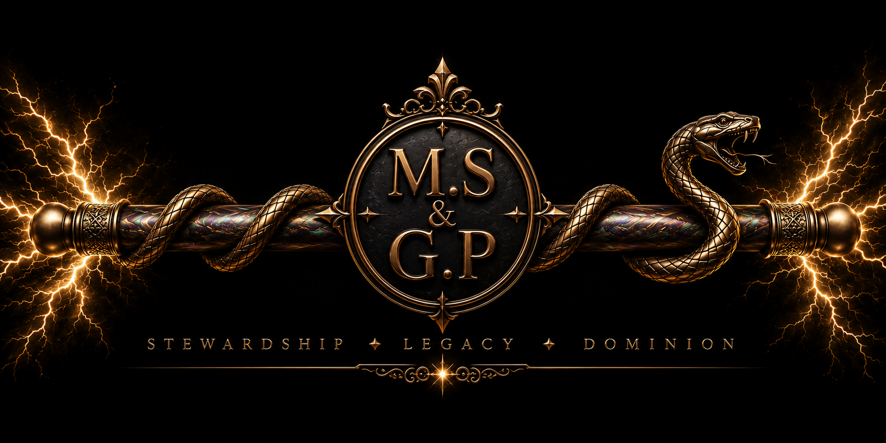 M.S & G.P — Moshe Staff and God's Property covenant mark. Bronze serpent coiled on the staff with lightning. Stewardship, Legacy, Dominion.